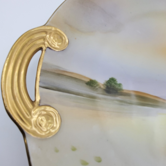 Noritake Hand Painted Porcelain Cake Plate Gilded Handled Lake Scene Platter - Picture 2 of 6
